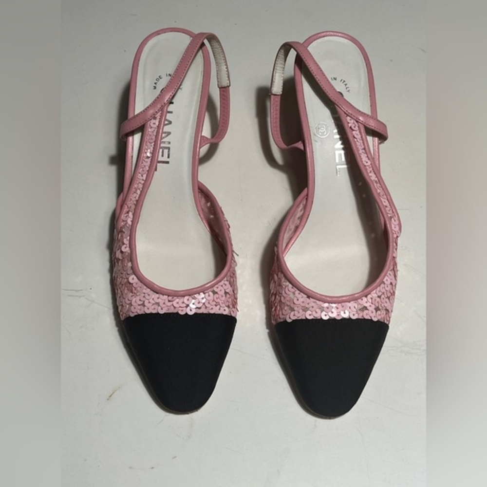 CHANEL Pink Sequin and Black Heels